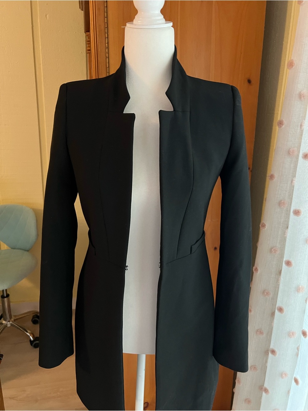 Zara Black Long Open-Front Tailored Blazer